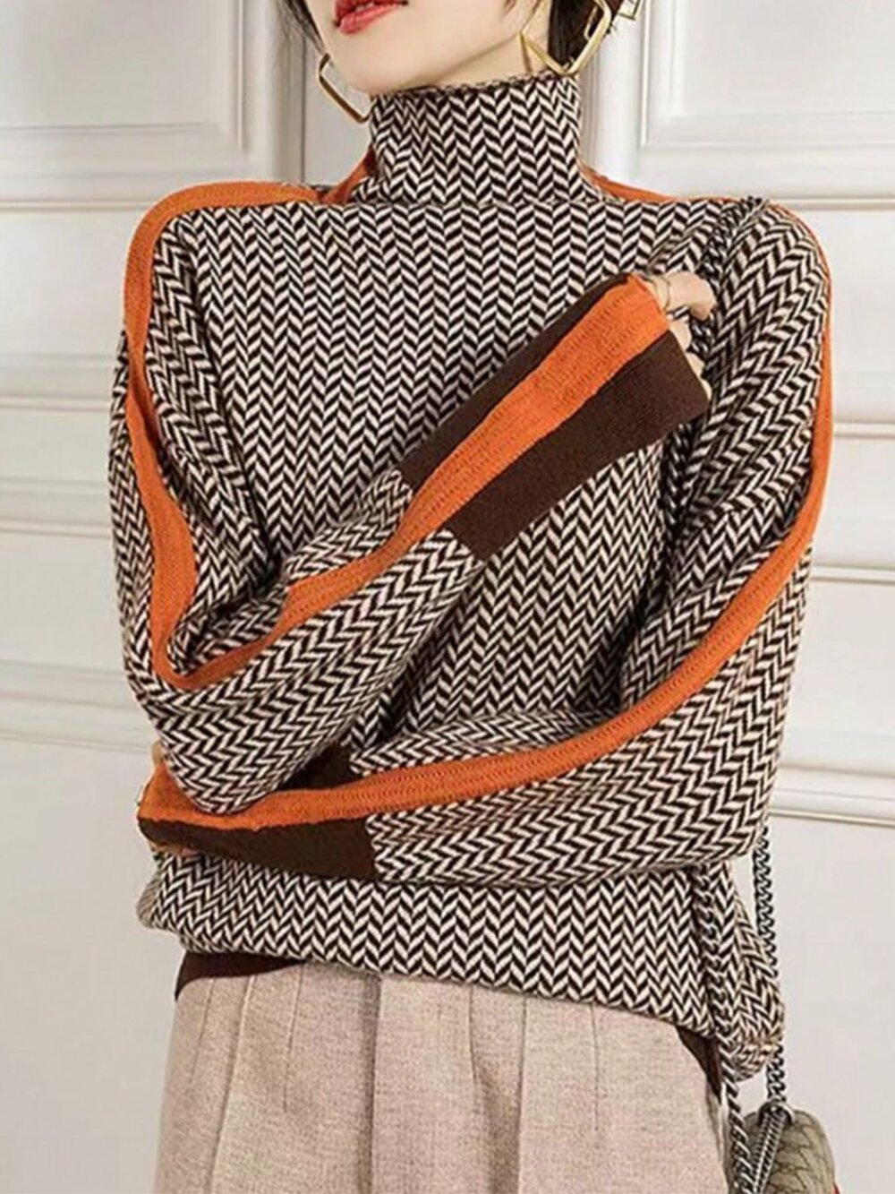 Coffee Brown Casual Women's Contrast Binding Drop Sleeve Loose Pullovers